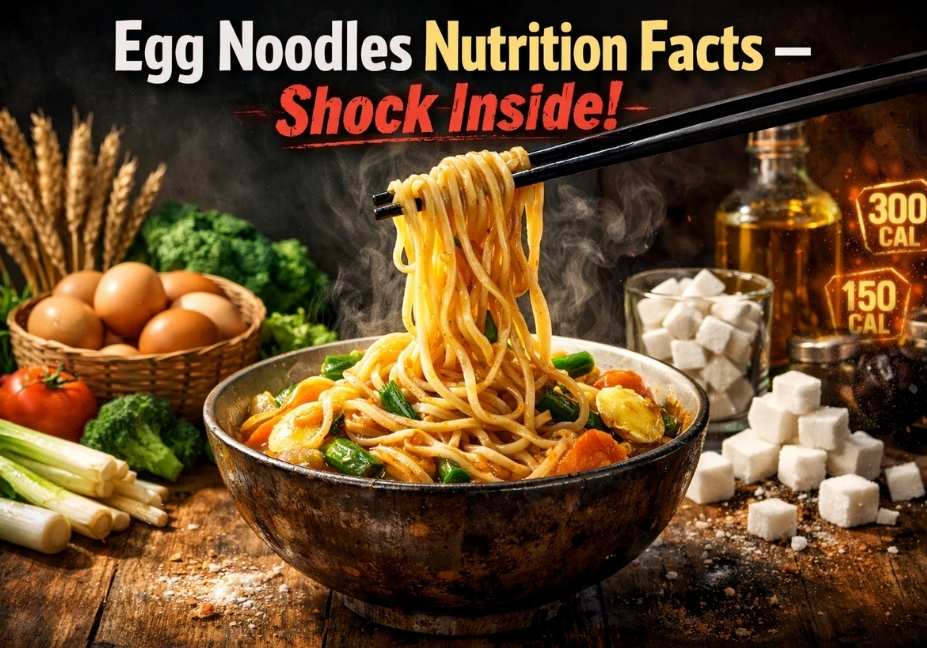 Cinematic close-up of steaming egg noodles in a bowl with chopsticks lifting noodles, surrounded by fresh ingredients and contrasting unhealthy elements like oil and sugar, designed as a dramatic nutrition facts thumbnail with bold text “Egg Noodles Nutrition Facts – Shock Inside!”