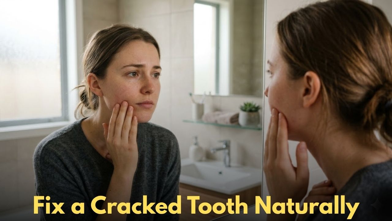 Person holding cheek with cracked tooth pain looking in mirror naturally