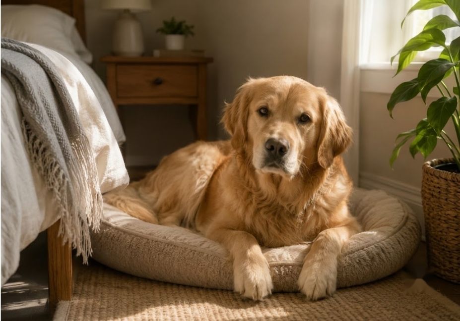 dog resting in quiet safe space under bed