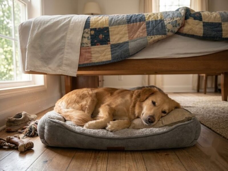 dog sleeping under bed showing denning behavior