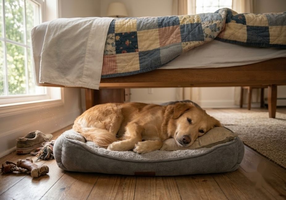 dog sleeping under bed showing denning behavior
